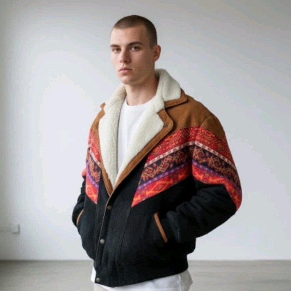 VTG Tribal Aztec Suede Bomber Coat Heavy Sz M Sherpa Lined Southwest Western